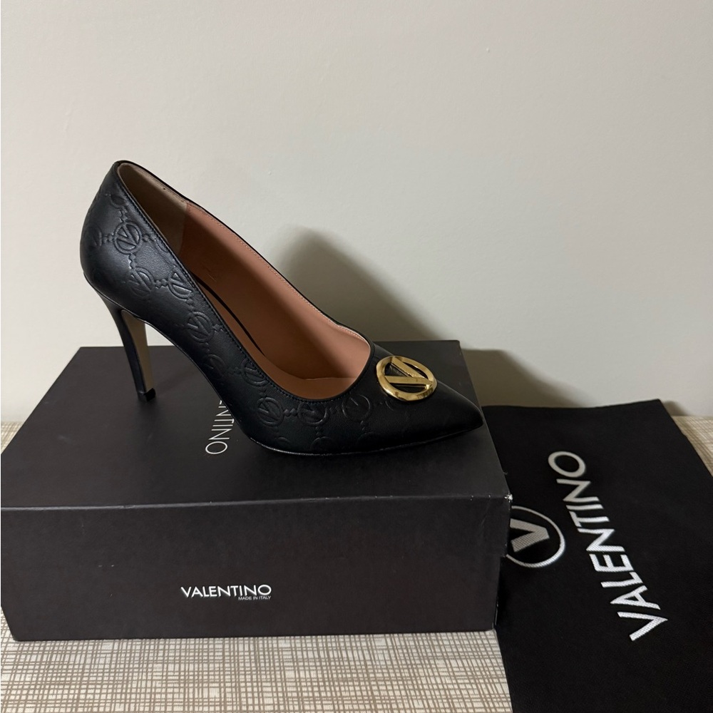 Valentino Black Heels with Gold Logo Detail